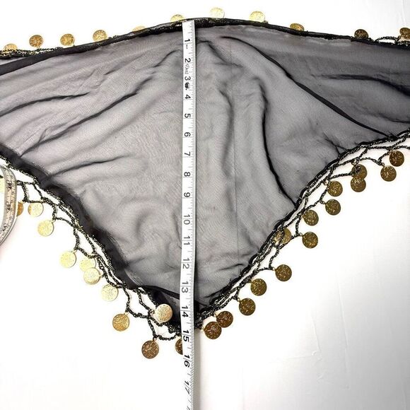 Sheer Black Triangle Head Scarf with Gold Coins – Bellydance or Festival Wrap - Picture 4 of 4